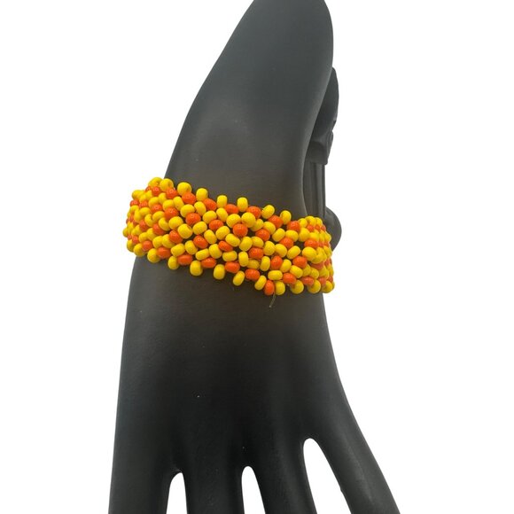 Multicolor Handmade Beaded Bracelet Stretch Elastic Yellow Orange Floral Design - Picture 4 of 5